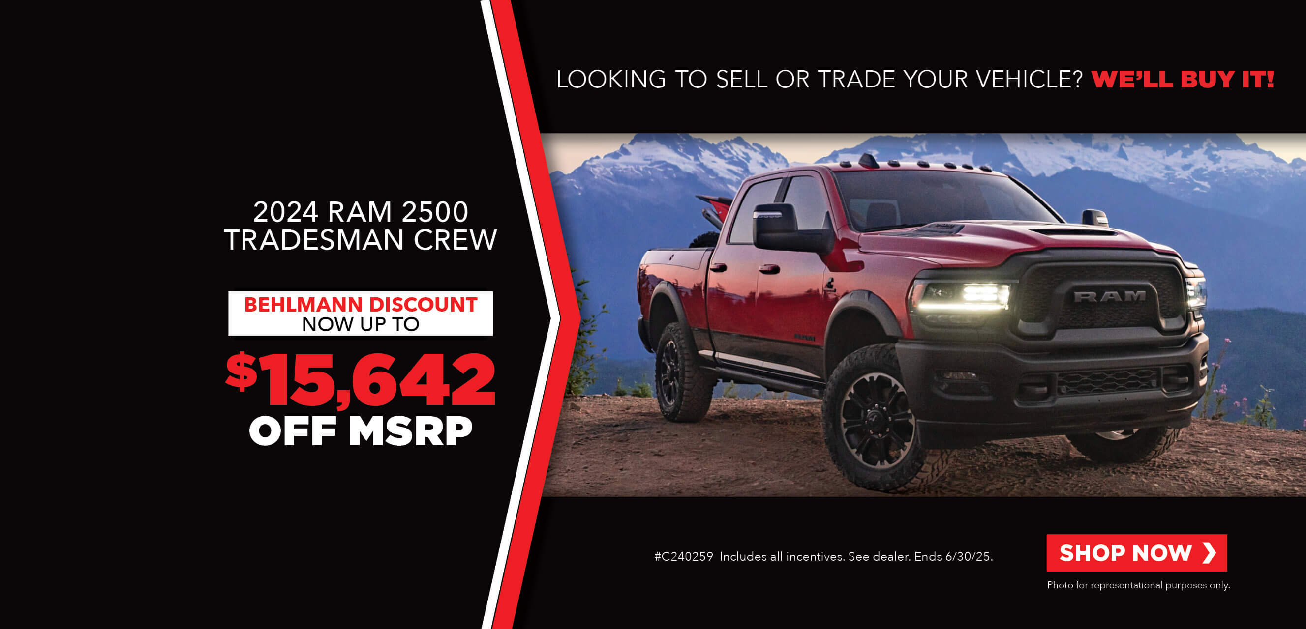 Blue pickup truck with advertising slogans: Employee Pricing Plus event at Behlmann! Now up to $15,642 off MSRP on 2024 Ram 2500 Tradesman Crew.